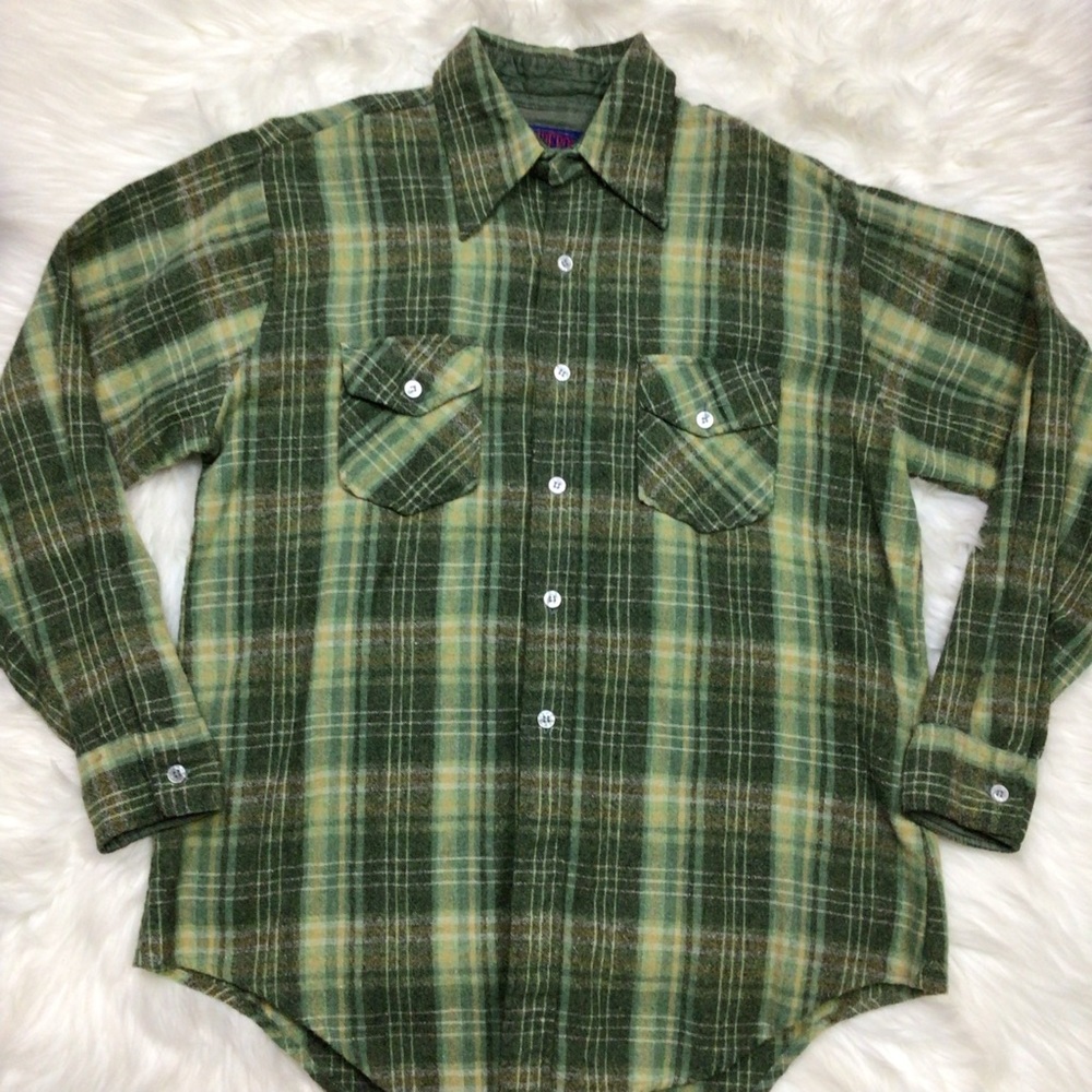 PONDEROSA Bardon Plaid Wool Blend Long Sleeve Men's Vtg Shirt Green